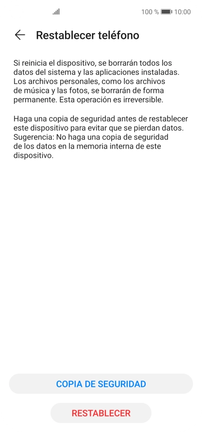 Pulsa RESTABLECER. Espera unos instantes mientras el teléfono restablece la configuración predeterminada. Sigue las indicaciones de la pantalla para configurar el teléfono y dejarlo listo para su uso. Pulsa RESTABLECER. Espera unos instantes mientras el teléfono restablece la configuración predeterminada. Sigue las indicaciones de la pantalla para configurar el teléfono y dejarlo listo para su uso.