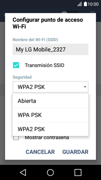 Pulsa WPA2 PSK para proteger la conexión wifi con una contraseña. Pulsa WPA2 PSK para proteger la conexión wifi con una contraseña.