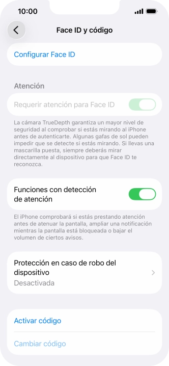 Pulsa Activar código e introduce un código de seguridad de libre elección dos veces seguidas. Pulsa Activar código e introduce un código de seguridad de libre elección dos veces seguidas.