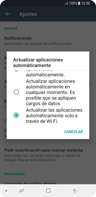 Para activar la actualización automática de apps utilizando la red móvil, pulsa Actualizar aplicaciones automáticamente en cualquier momento. Es posible que se apliquen cargos de datos. Para activar la actualización automática de apps utilizando la red móvil, pulsa Actualizar aplicaciones automáticamente en cualquier momento. Es posible que se apliquen cargos de datos.