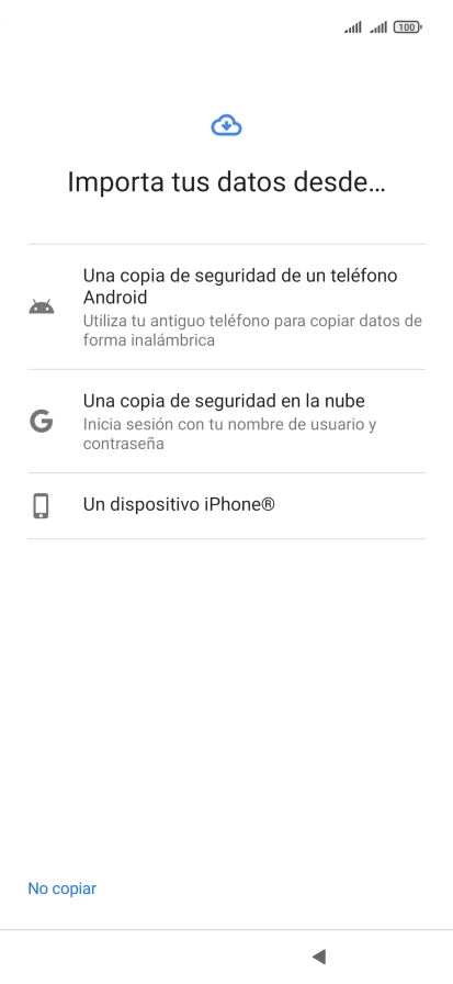 Pulsa la opción deseada y sigue las indicaciones de la pantalla para transferir contenido desde el otro teléfono y finalizar la activación de tu teléfono. Pulsa la opción deseada y sigue las indicaciones de la pantalla para transferir contenido desde el otro teléfono y finalizar la activación de tu teléfono.