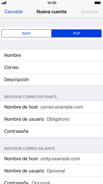 Pulsa Nombre de host e introduce el nombre del servidor de correo de entrada de tu proveedor de correo electrónico. Pulsa Nombre de host e introduce el nombre del servidor de correo de entrada de tu proveedor de correo electrónico.