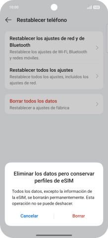 Pulsa Borrar. Espera unos instantes mientras el teléfono restablece la configuración predeterminada. Sigue las indicaciones de la pantalla para configurar el teléfono y dejarlo listo para su uso. Pulsa Borrar. Espera unos instantes mientras el teléfono restablece la configuración predeterminada. Sigue las indicaciones de la pantalla para configurar el teléfono y dejarlo listo para su uso.