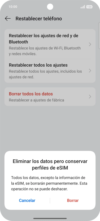 Pulsa Borrar. Espera unos instantes mientras el teléfono restablece la configuración predeterminada. Sigue las indicaciones de la pantalla para configurar el teléfono y dejarlo listo para su uso. Pulsa Borrar. Espera unos instantes mientras el teléfono restablece la configuración predeterminada. Sigue las indicaciones de la pantalla para configurar el teléfono y dejarlo listo para su uso.