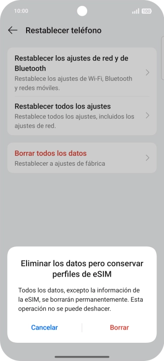 Pulsa Borrar. Espera unos instantes mientras el teléfono restablece la configuración predeterminada. Sigue las indicaciones de la pantalla para configurar el teléfono y dejarlo listo para su uso. Pulsa Borrar. Espera unos instantes mientras el teléfono restablece la configuración predeterminada. Sigue las indicaciones de la pantalla para configurar el teléfono y dejarlo listo para su uso.