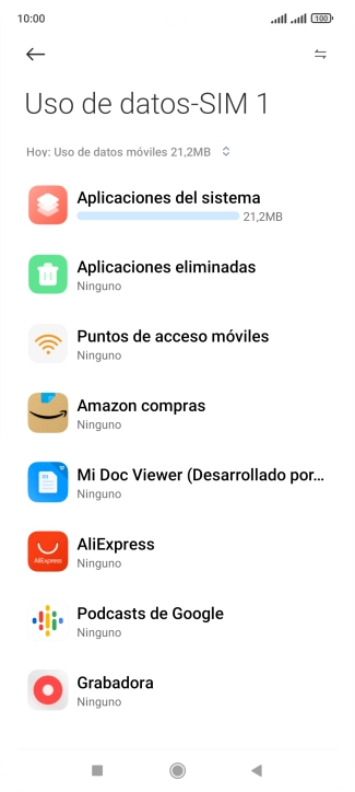 El consumo de datos por cada aplicación aparece bajo el nombre de la aplicación. El consumo de datos por cada aplicación aparece bajo el nombre de la aplicación.