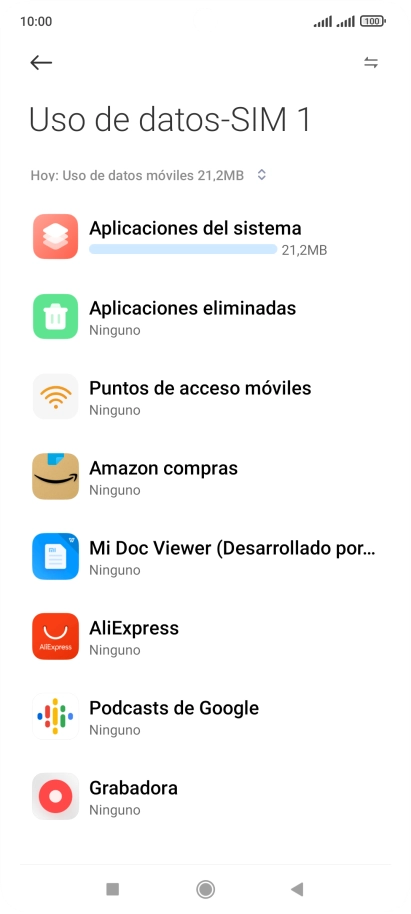 El consumo de datos por cada aplicación aparece bajo el nombre de la aplicación. El consumo de datos por cada aplicación aparece bajo el nombre de la aplicación.