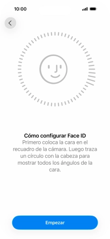 Pulsa Empezar y sigue las indicaciones de la pantalla para crear un código de seguridad con la función de reconocimiento facial (Face ID). Pulsa Empezar y sigue las indicaciones de la pantalla para crear un código de seguridad con la función de reconocimiento facial (Face ID).
