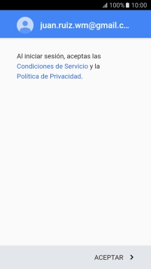 Pulsa ACEPTAR y sigue las indicaciones de la pantalla para seleccionar los ajustes de tu cuenta de Google. Pulsa ACEPTAR y sigue las indicaciones de la pantalla para seleccionar los ajustes de tu cuenta de Google.