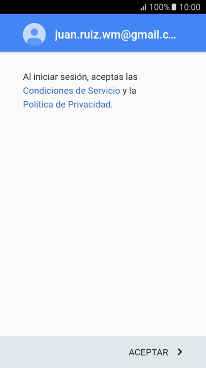 Pulsa ACEPTAR y sigue las indicaciones de la pantalla para seleccionar los ajustes de tu cuenta de Google. Pulsa ACEPTAR y sigue las indicaciones de la pantalla para seleccionar los ajustes de tu cuenta de Google.