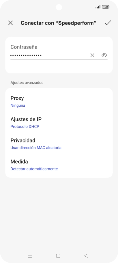 Introduce la contraseña de la red Wi-Fi y pulsa el icono de aceptar. Introduce la contraseña de la red Wi-Fi y pulsa el icono de aceptar.