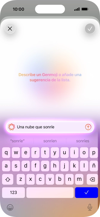 Escribe con tus propias palabras cómo tiene que ser el Genmoji y pulsa la flecha hacia arriba. Escribe con tus propias palabras cómo tiene que ser el Genmoji y pulsa la flecha hacia arriba.