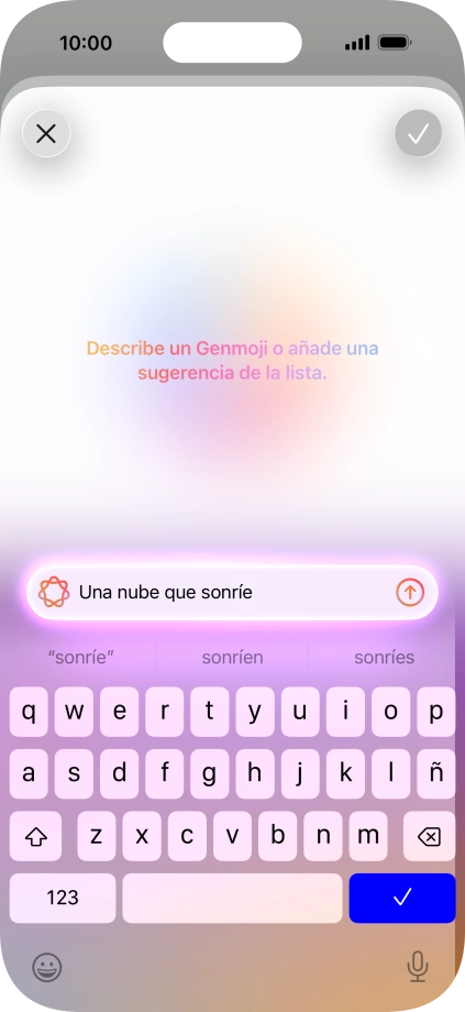 Escribe con tus propias palabras cómo tiene que ser el Genmoji y pulsa la flecha hacia arriba. Escribe con tus propias palabras cómo tiene que ser el Genmoji y pulsa la flecha hacia arriba.