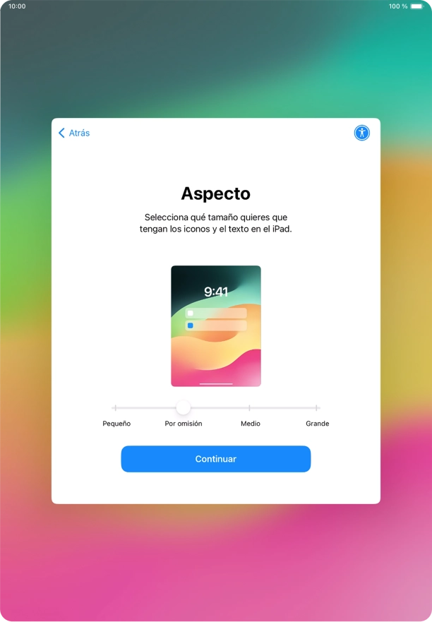 Selecciona el tamaño de letra y de los iconos que debe tener la tablet y pulsa Continuar. Selecciona el tamaño de letra y de los iconos que debe tener la tablet y pulsa Continuar.