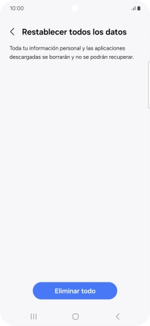 Pulsa Eliminar todo. Espera unos instantes mientras el teléfono restablece la configuración predeterminada. Sigue las indicaciones de la pantalla para configurar el teléfono y dejarlo listo para su uso. Pulsa Eliminar todo. Espera unos instantes mientras el teléfono restablece la configuración predeterminada. Sigue las indicaciones de la pantalla para configurar el teléfono y dejarlo listo para su uso.
