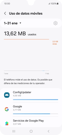 El consumo de datos por cada aplicación aparece bajo el nombre de la aplicación. El consumo de datos por cada aplicación aparece bajo el nombre de la aplicación.