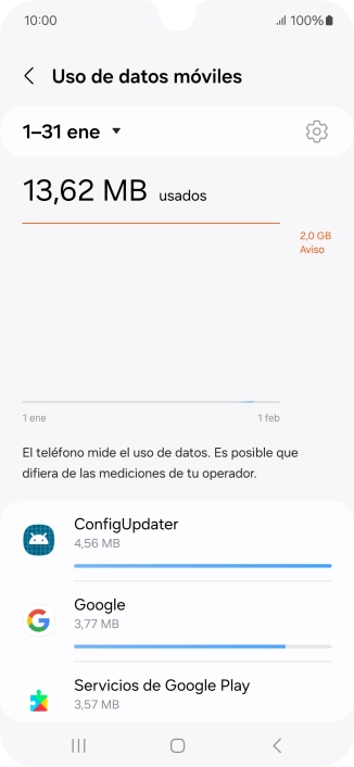 El consumo de datos por cada aplicación aparece bajo el nombre de la aplicación. El consumo de datos por cada aplicación aparece bajo el nombre de la aplicación.