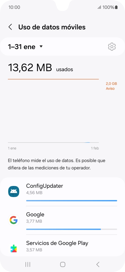 El consumo de datos por cada aplicación aparece bajo el nombre de la aplicación. El consumo de datos por cada aplicación aparece bajo el nombre de la aplicación.