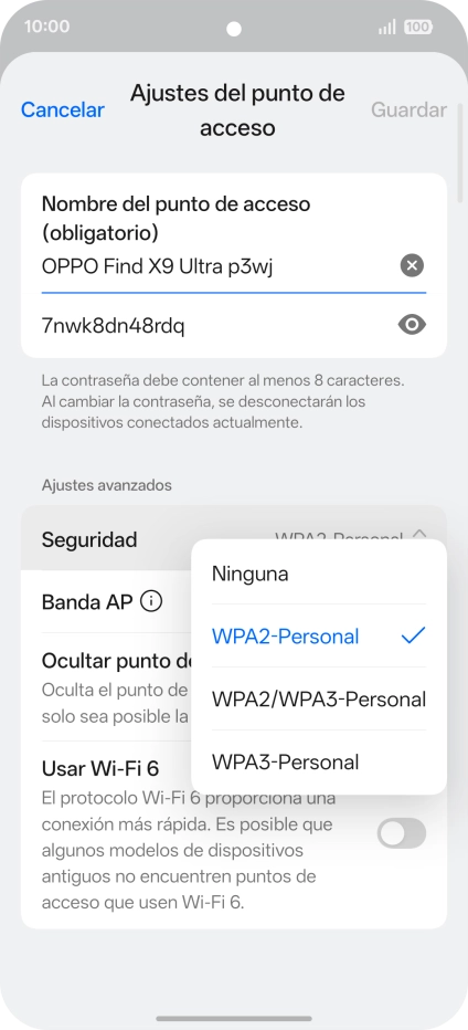 Pulsa WPA3-Personal para proteger la conexión wifi con una contraseña. Pulsa WPA3-Personal para proteger la conexión wifi con una contraseña.