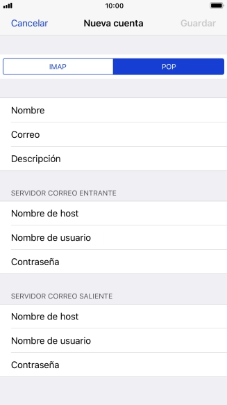Pulsa Nombre de host e introduce el nombre del servidor de correo de entrada de tu proveedor de correo electrónico. Pulsa Nombre de host e introduce el nombre del servidor de correo de entrada de tu proveedor de correo electrónico.
