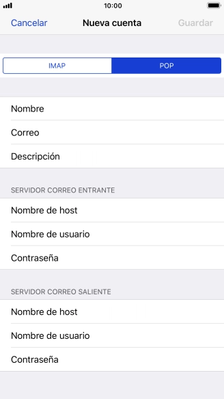 Pulsa Nombre de host e introduce el nombre del servidor de correo de entrada de tu proveedor de correo electrónico. Pulsa Nombre de host e introduce el nombre del servidor de correo de entrada de tu proveedor de correo electrónico.