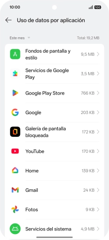 El consumo de datos por cada aplicación aparece bajo el nombre de la aplicación. El consumo de datos por cada aplicación aparece bajo el nombre de la aplicación.