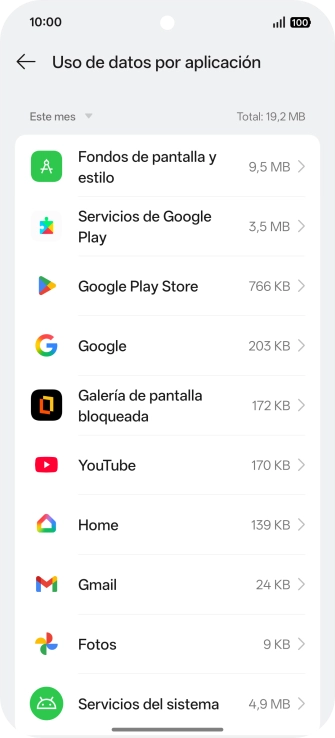 El consumo de datos por cada aplicación aparece bajo el nombre de la aplicación. El consumo de datos por cada aplicación aparece bajo el nombre de la aplicación.
