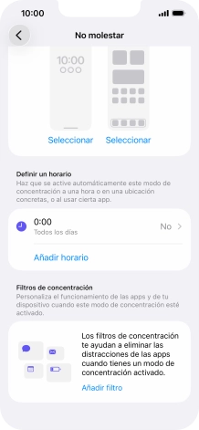 Pulsa Añadir horario y sigue las indicaciones de la pantalla para seleccionar los ajustes de la activación automática de No molestar. Pulsa Añadir horario y sigue las indicaciones de la pantalla para seleccionar los ajustes de la activación automática de No molestar.