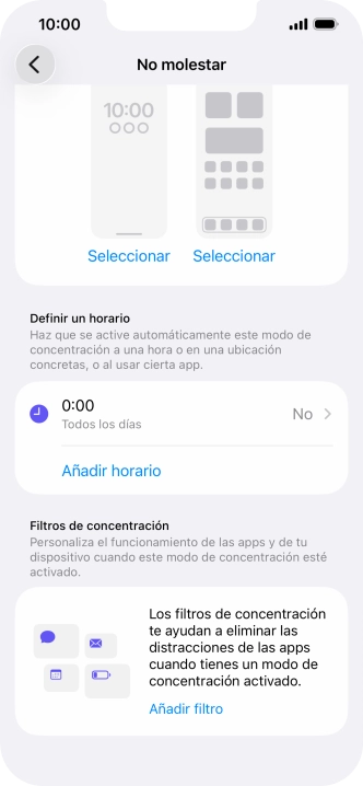 Pulsa Añadir horario y sigue las indicaciones de la pantalla para seleccionar los ajustes de la activación automática de No molestar. Pulsa Añadir horario y sigue las indicaciones de la pantalla para seleccionar los ajustes de la activación automática de No molestar.
