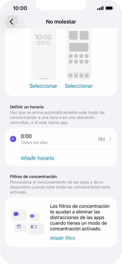 Pulsa Añadir horario y sigue las indicaciones de la pantalla para seleccionar los ajustes de la activación automática de No molestar. Pulsa Añadir horario y sigue las indicaciones de la pantalla para seleccionar los ajustes de la activación automática de No molestar.