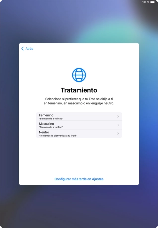 Sigue las indicaciones de la pantalla para elegir la forma de tratamiento deseada en la tablet, es decir, el masculino, el femenino o una forma de tratamiento neutra o pulsa Configurar más tarde en Ajustes. Sigue las indicaciones de la pantalla para elegir la forma de tratamiento deseada en la tablet, es decir, el masculino, el femenino o una forma de tratamiento neutra o pulsa Configurar más tarde en Ajustes.
