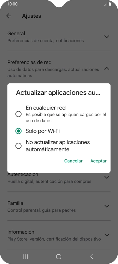 Para activar la actualización automática de apps utilizando la red móvil, pulsa En cualquier red. Para activar la actualización automática de apps utilizando la red móvil, pulsa En cualquier red.