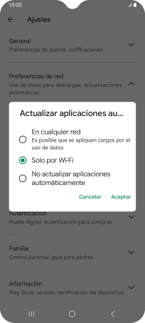 Para activar la actualización automática de apps utilizando la red móvil, pulsa En cualquier red. Para activar la actualización automática de apps utilizando la red móvil, pulsa En cualquier red.