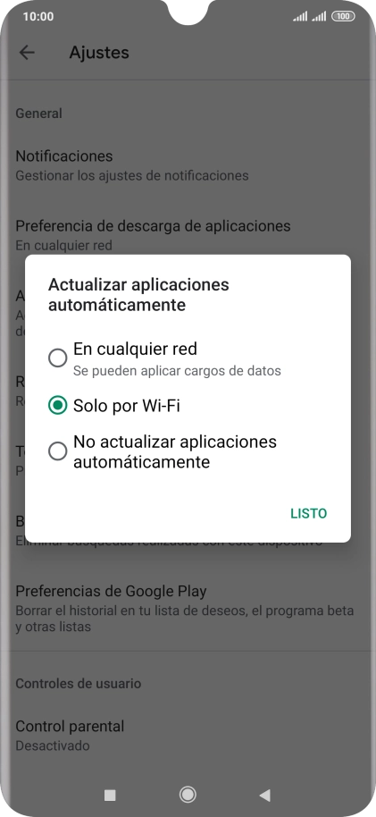 Para activar la actualización automática de apps utilizando la red móvil, pulsa En cualquier red. Para activar la actualización automática de apps utilizando la red móvil, pulsa En cualquier red.