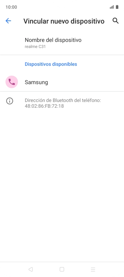 Pulsa el dispositivo Bluetooth deseado y sigue las indicaciones de la pantalla para vincular el dispositivo al teléfono. Pulsa el dispositivo Bluetooth deseado y sigue las indicaciones de la pantalla para vincular el dispositivo al teléfono.