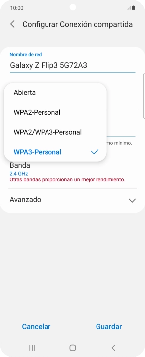 Pulsa WPA3-Personal para proteger la conexión wifi con una contraseña.