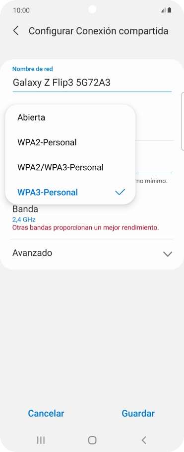 Pulsa WPA3-Personal para proteger la conexión wifi con una contraseña.