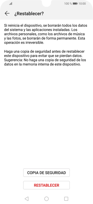Pulsa RESTABLECER. Espera unos instantes mientras el teléfono restablece la configuración predeterminada. Sigue las indicaciones de la pantalla para configurar el teléfono y dejarlo listo para su uso.