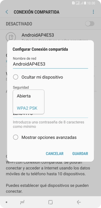 Pulsa WPA2 PSK para proteger la conexión wifi con una contraseña. Pulsa WPA2 PSK para proteger la conexión wifi con una contraseña.