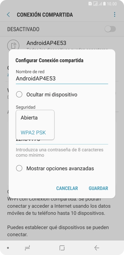 Pulsa WPA2 PSK para proteger la conexión wifi con una contraseña. Pulsa WPA2 PSK para proteger la conexión wifi con una contraseña.