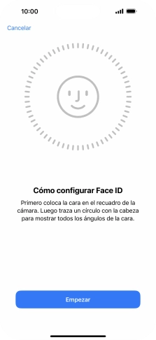 Pulsa Empezar y sigue las indicaciones de la pantalla para crear un código de seguridad con la función de reconocimiento facial (Face ID). Pulsa Empezar y sigue las indicaciones de la pantalla para crear un código de seguridad con la función de reconocimiento facial (Face ID).