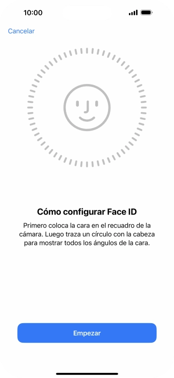 Pulsa Empezar y sigue las indicaciones de la pantalla para crear un código de seguridad con la función de reconocimiento facial (Face ID). Pulsa Empezar y sigue las indicaciones de la pantalla para crear un código de seguridad con la función de reconocimiento facial (Face ID).