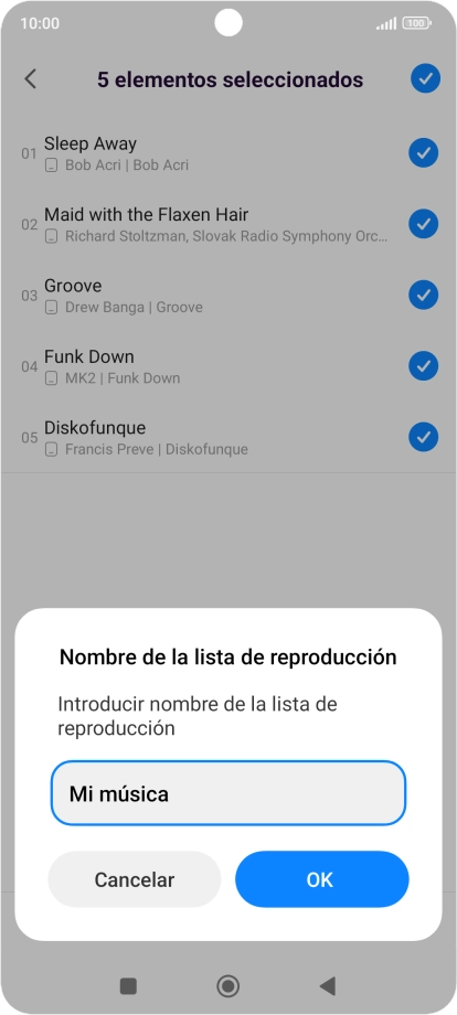 Introduce el nombre deseado de la lista de reproducción y pulsa OK. Introduce el nombre deseado de la lista de reproducción y pulsa OK.