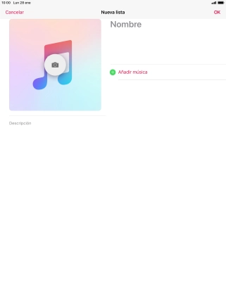 Pulsa en el campo de escritura e introduce el nombre de la lista de reproducción. Pulsa en el campo de escritura e introduce el nombre de la lista de reproducción.