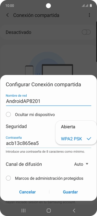 Pulsa WPA2 PSK para proteger la conexión wifi con una contraseña. Pulsa WPA2 PSK para proteger la conexión wifi con una contraseña.