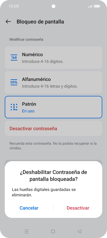 Pulsa Desactivar e introduce el código de seguridad extra que has creado anteriormente. Pulsa Desactivar e introduce el código de seguridad extra que has creado anteriormente.