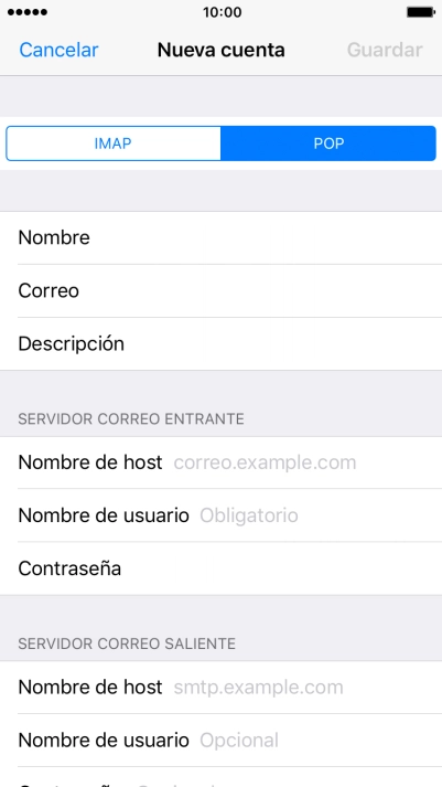 Pulsa Nombre de host e introduce el nombre del servidor de correo de entrada de tu proveedor de correo electrónico. Pulsa Nombre de host e introduce el nombre del servidor de correo de entrada de tu proveedor de correo electrónico.