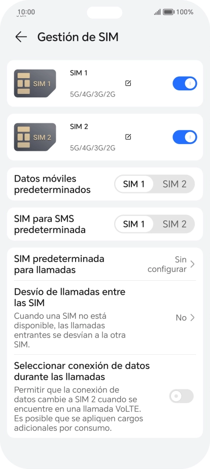 Pulsa el indicador junto a la tarjeta SIM deseada para activar o desactivar su uso. Pulsa el indicador junto a la tarjeta SIM deseada para activar o desactivar su uso.