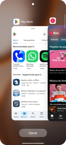 Para cerrar una sola aplicación en ejecución, desliza el dedo hacia arriba sobre la aplicación deseada. Para cerrar una sola aplicación en ejecución, desliza el dedo hacia arriba sobre la aplicación deseada.