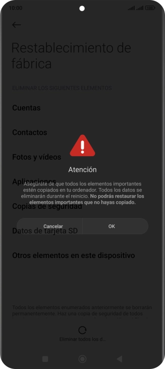 Pulsa OK. Espera unos instantes mientras el teléfono restablece la configuración predeterminada. Sigue las indicaciones de la pantalla para configurar el teléfono y dejarlo listo para su uso. Pulsa OK. Espera unos instantes mientras el teléfono restablece la configuración predeterminada. Sigue las indicaciones de la pantalla para configurar el teléfono y dejarlo listo para su uso.